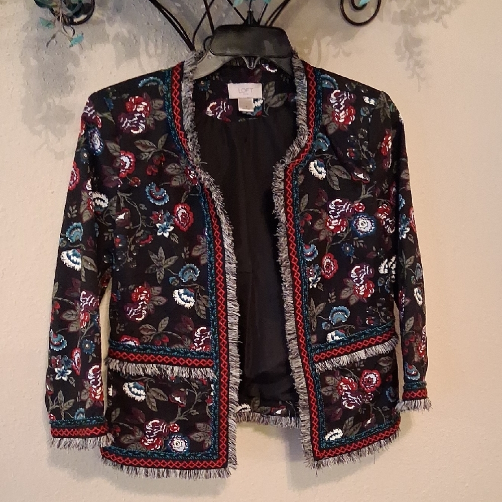 LOFT Black Floral Embroidered Blazer with Fringe. Great Condition Size 2